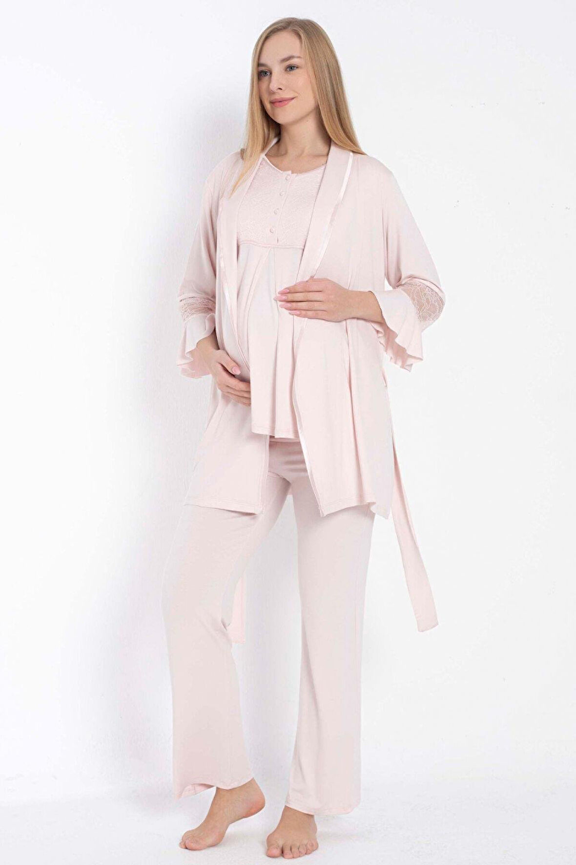 Kısa Kol Bisiklet Yaka Kadın Viskon Dantel Detaylı Hamile Pijama Takımı Sabahlık - Pembe - L