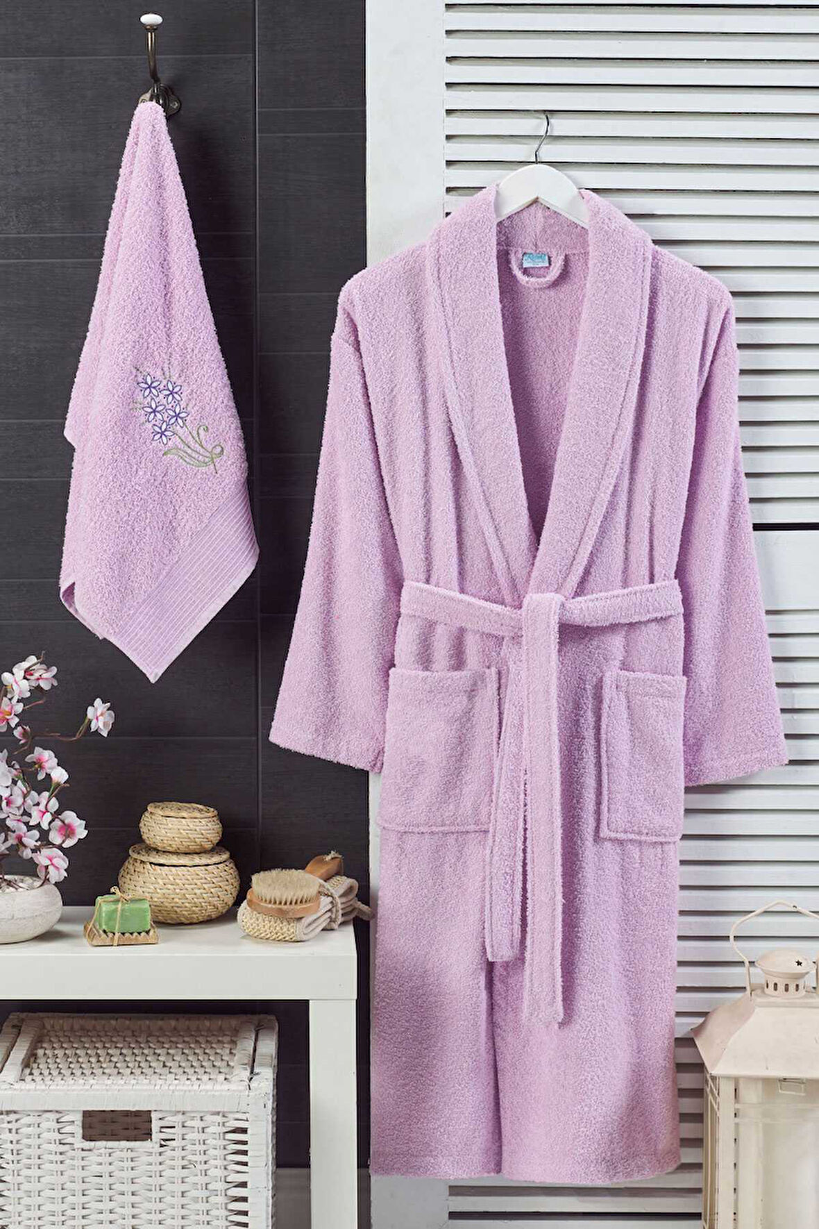 Kadın Havlulu Banyo Bornoz Takımı &#37;100 Pamuklu Lila - L-XL