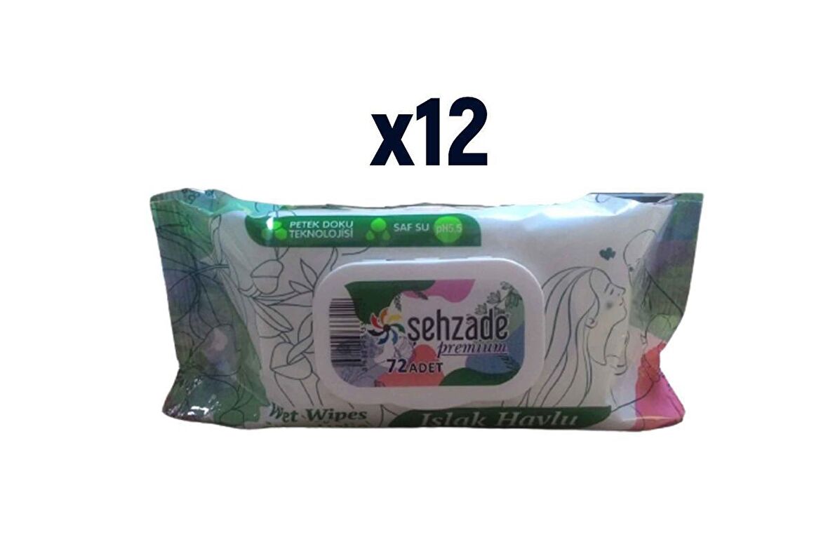 Şehzade Premium 12 x 72 Yaprak 12 Paket Islak Mendil