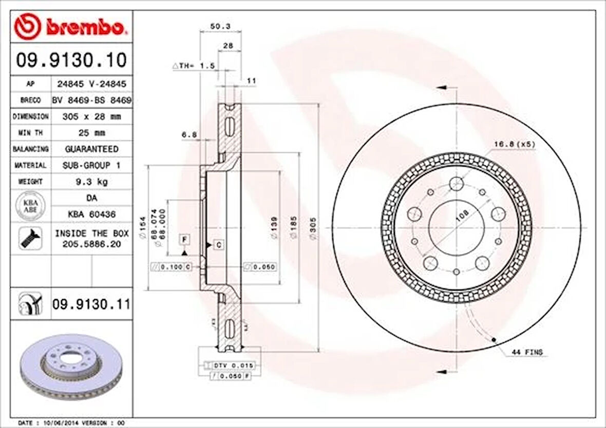 ÖN FREN AYNASI VOLVO S60 2000-2010 S80 1998-2006 570 1997-2007 XC70 2000-2007 305X25X5DLX BÜYÜK TİP DELİKLİ -986478494-DF4053S 274170 274559 31262707 31262716 (2 ADET)