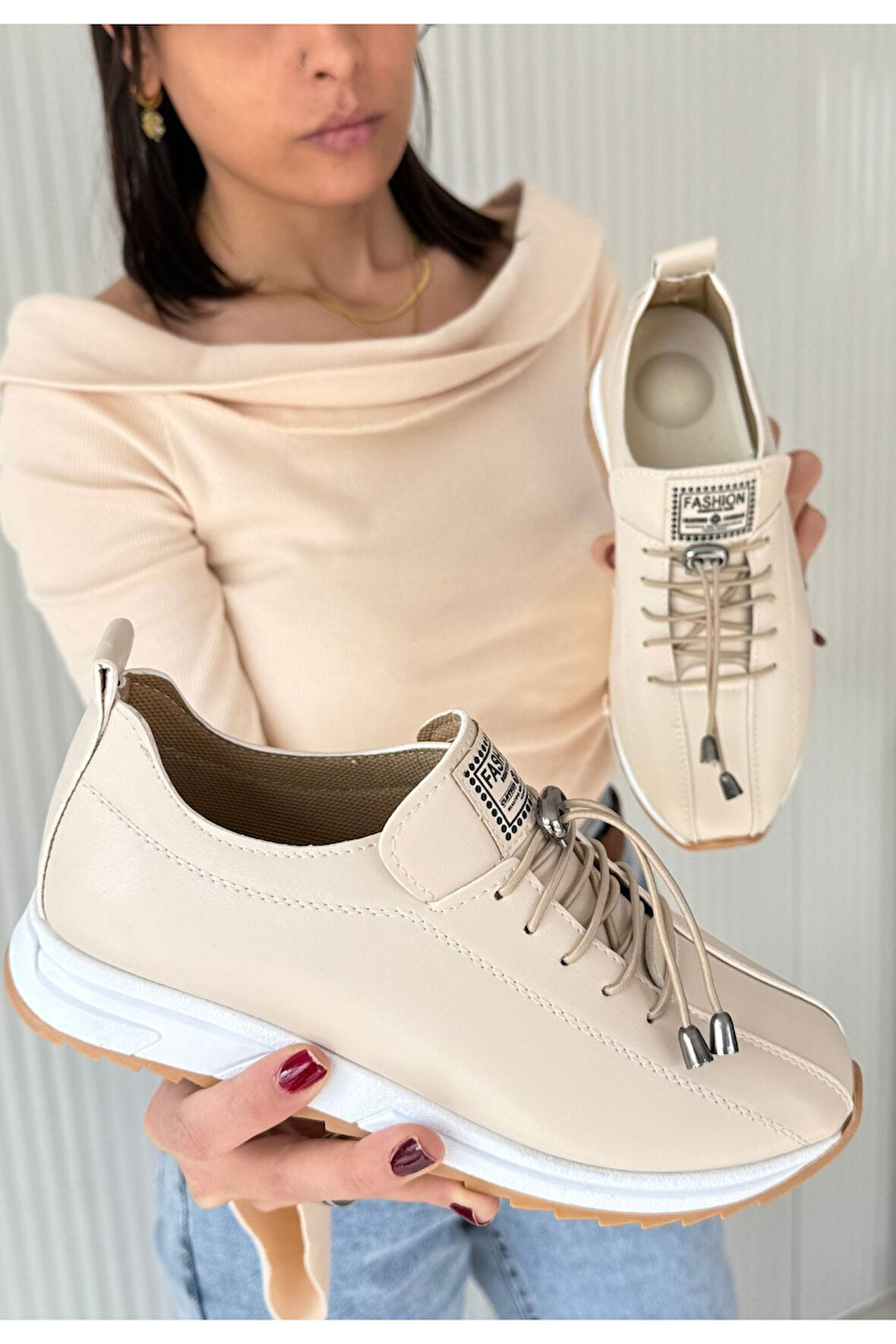 Monya Bej Cilt Bağcıklı Spor Ayakkabı