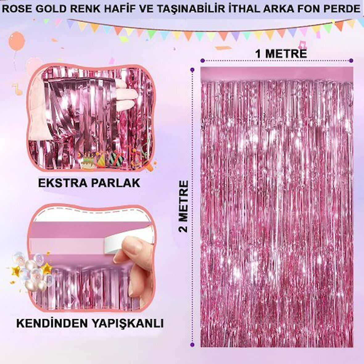 Ekstra Metalize Parlak Saçaklı Arka Fon Perde Rose Gold