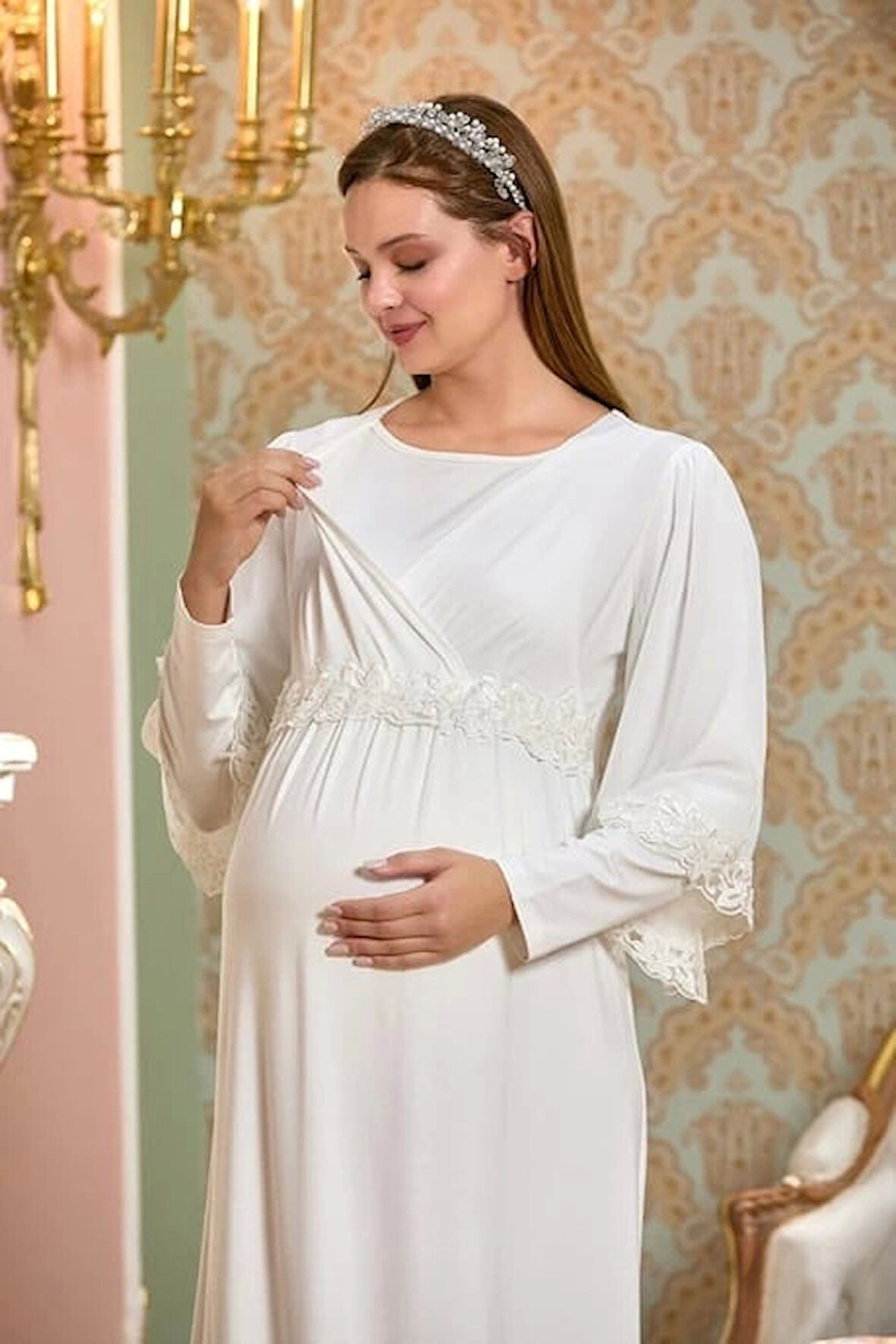 Aqua 25121 Kadın Lohusa Uzun Gecelik - Krem - 40