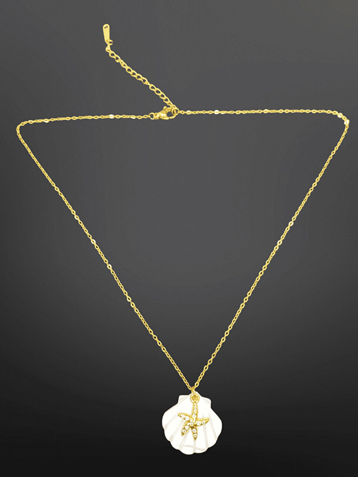 Gold Renk Zincir Midye ve Taşlı Denizyıldızı 316L Çelik Kolye – Yaz Temalı Zarif Takı