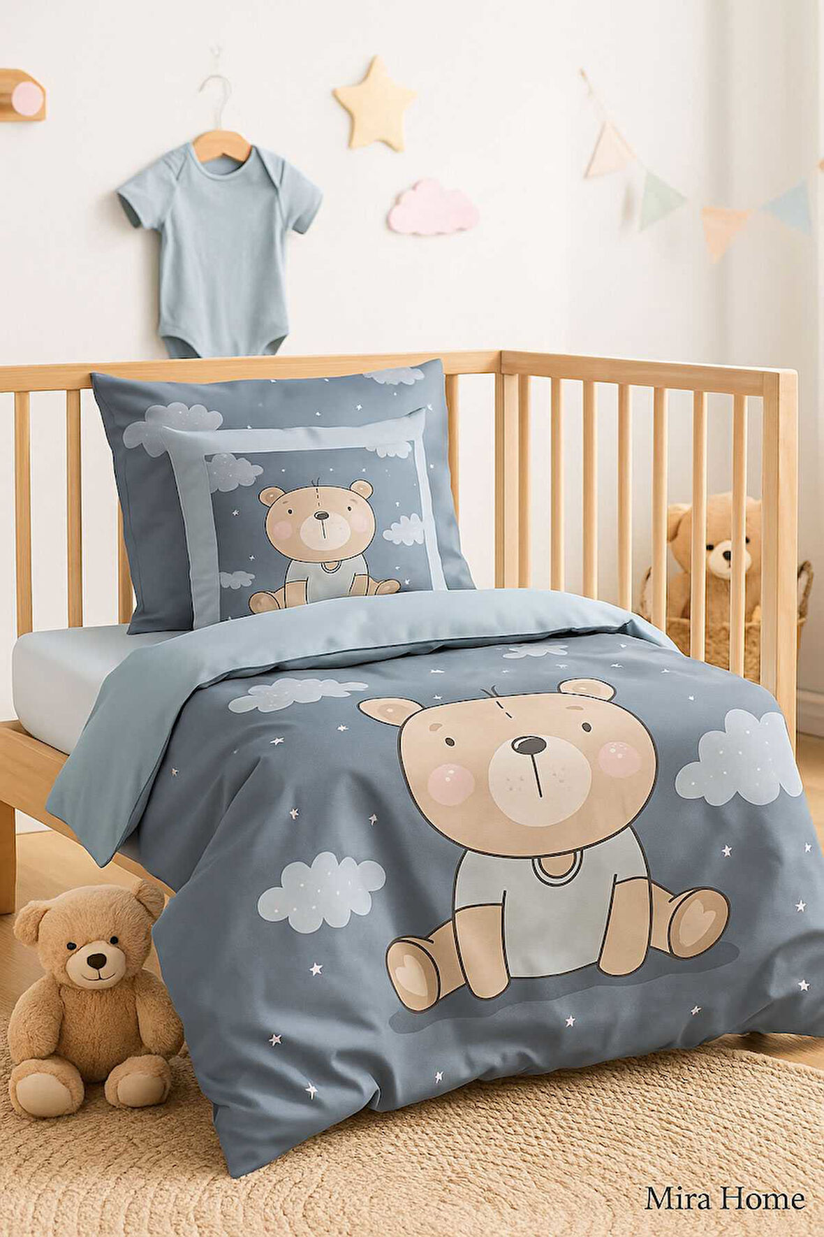 Dijital Baskılı 3d Pamuklu Yenidoğan Bebek Nevresim Takımı Blue Bear