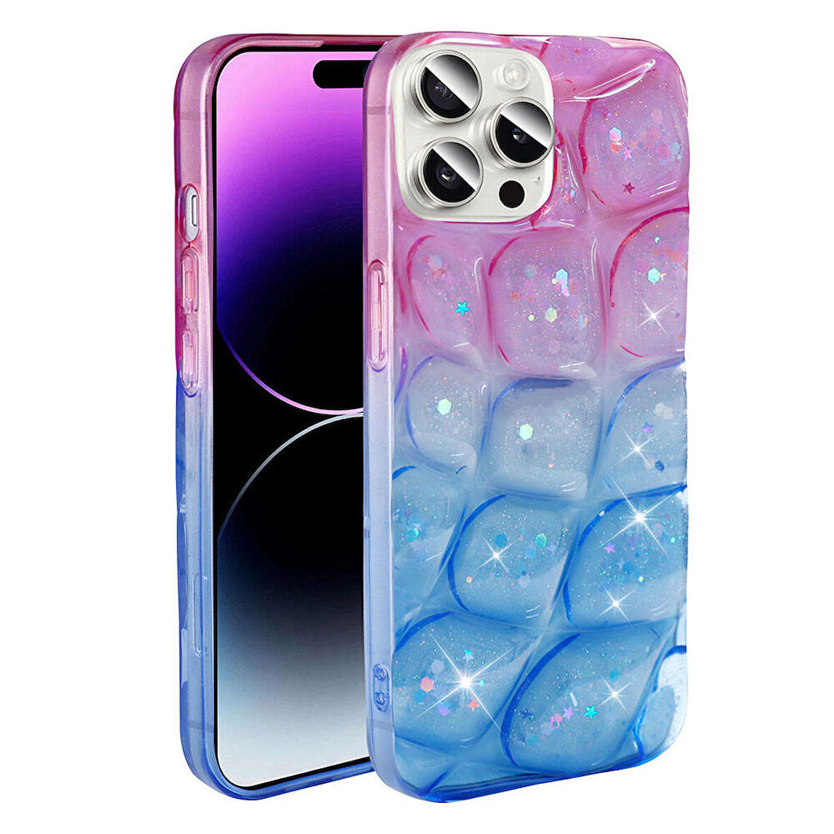 Apple iPhone 14 Pro Max ile Uyumlu 3D Kabartmalı Simli Yumuşak Tam Koruma Telefon Kılıfı Kapak