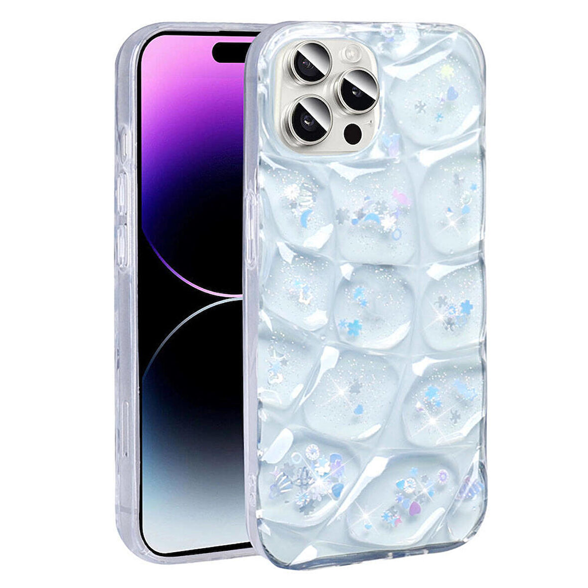 Apple iPhone 14 Pro Max ile Uyumlu 3D Kabartmalı Simli Yumuşak Tam Koruma Telefon Kılıfı Kapak