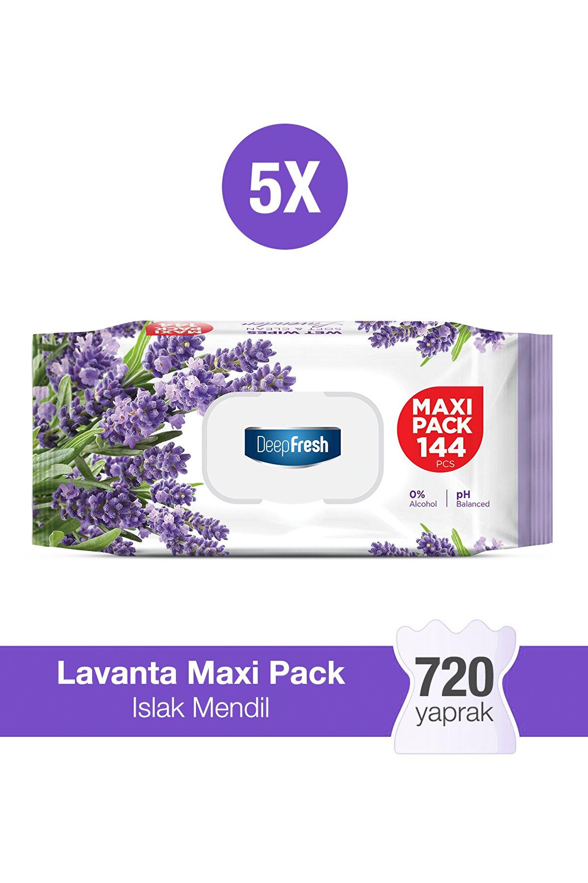 Deep Fresh Maxi Pack Lavanta Alkolsüz 5 x 144 Yaprak 5 Paket Islak Mendil