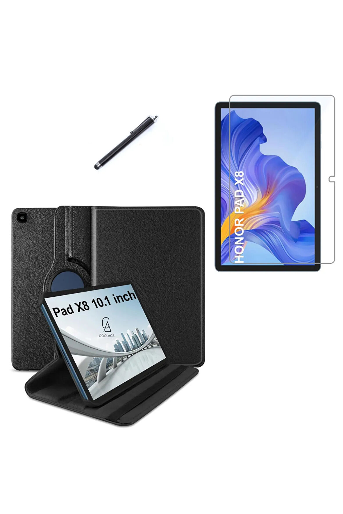 Honor Pad X8 10,1 Inç (AGM3-W09HN) 360° Dönebilen Standlı Tablet Kılıfı Ekran Koruyucu ve Kalem Seti