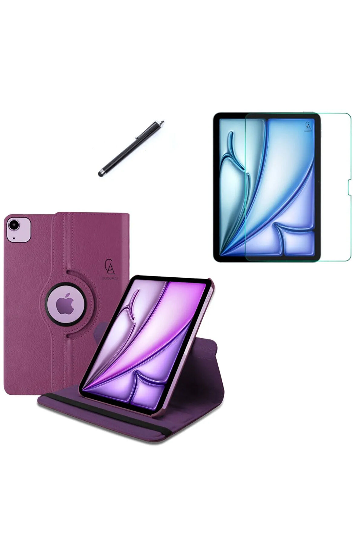 iPad Air 11 2024 (A2902-A2903) M2 Dönebilen Tablet Kılıfı + Ekran Koruyucu + Tablet Kalem
