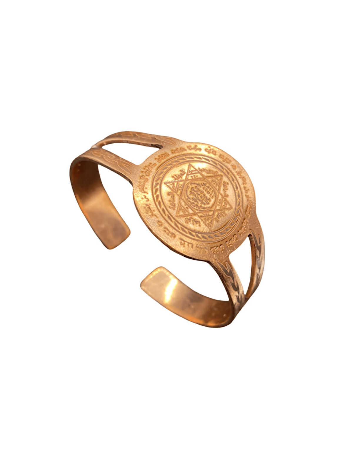 Mistik Eskitme Hz. Süleyman Mühür Motifli Bakır Bileklik | Otantik, Ayarlanabilir Manşet Tasarım
