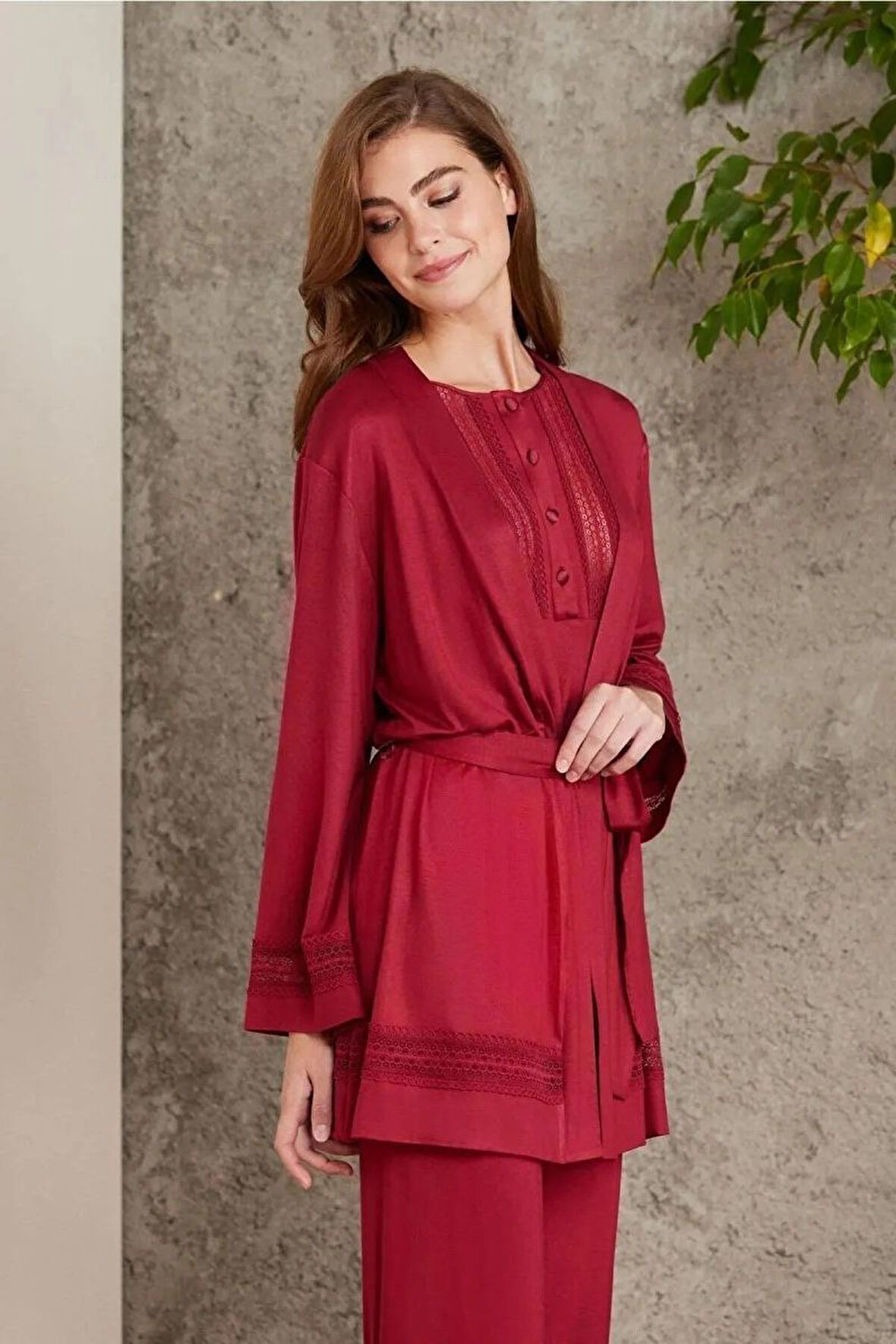 Pierre Cardin 2800 Kadın Bordo Dantelli Penye 3'lü Sabahlıklı Pijama Takım