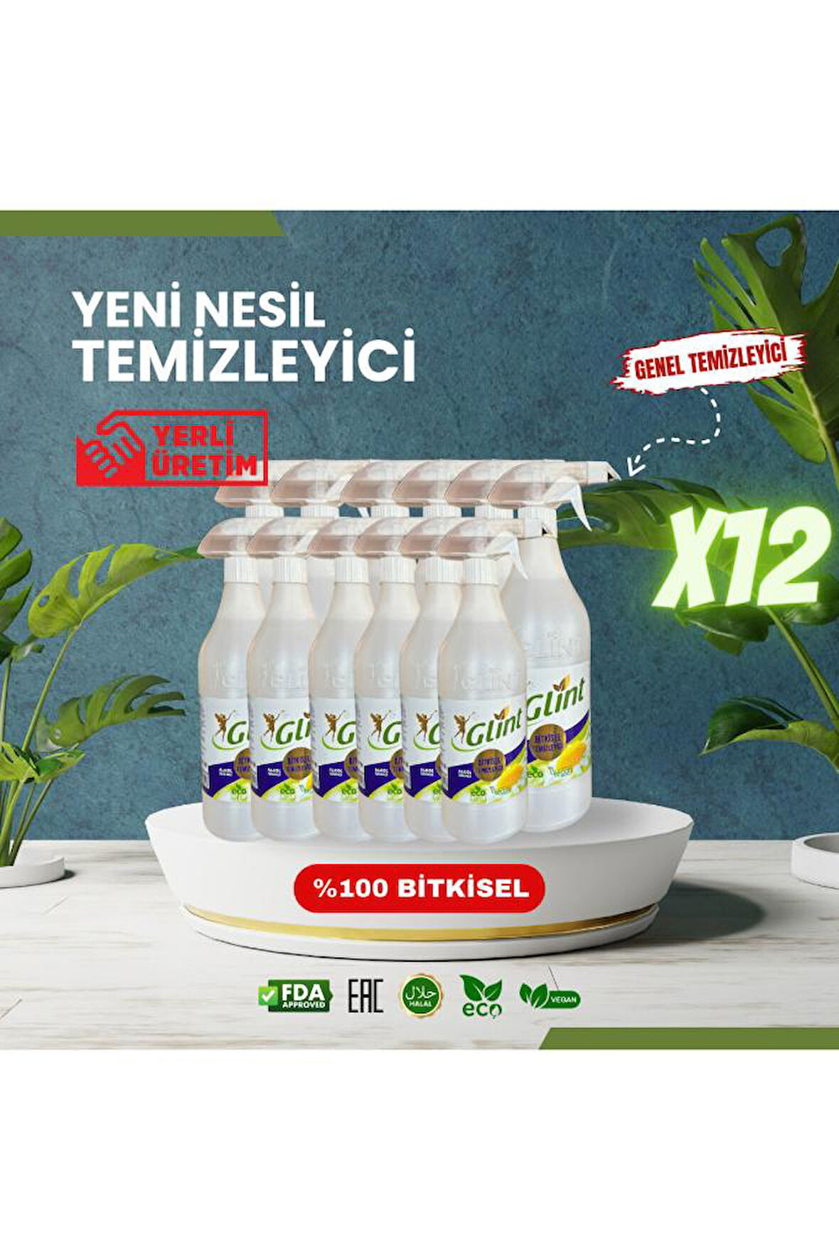 Glint 12 X 1 Lt. %100 Bitkisel Fırın Ocak Tezgah Temizleme Spreyi Kokusuz Anti Alerjik