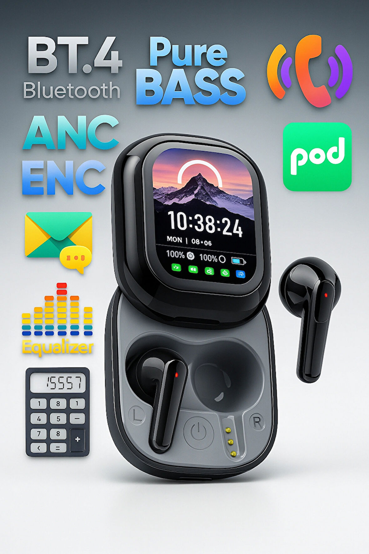 QASUL Kişiselleştirilebilir LED Ekran Renkli Dokunmatik Ekranlı Kablosuz Bluetooth Kulaklık