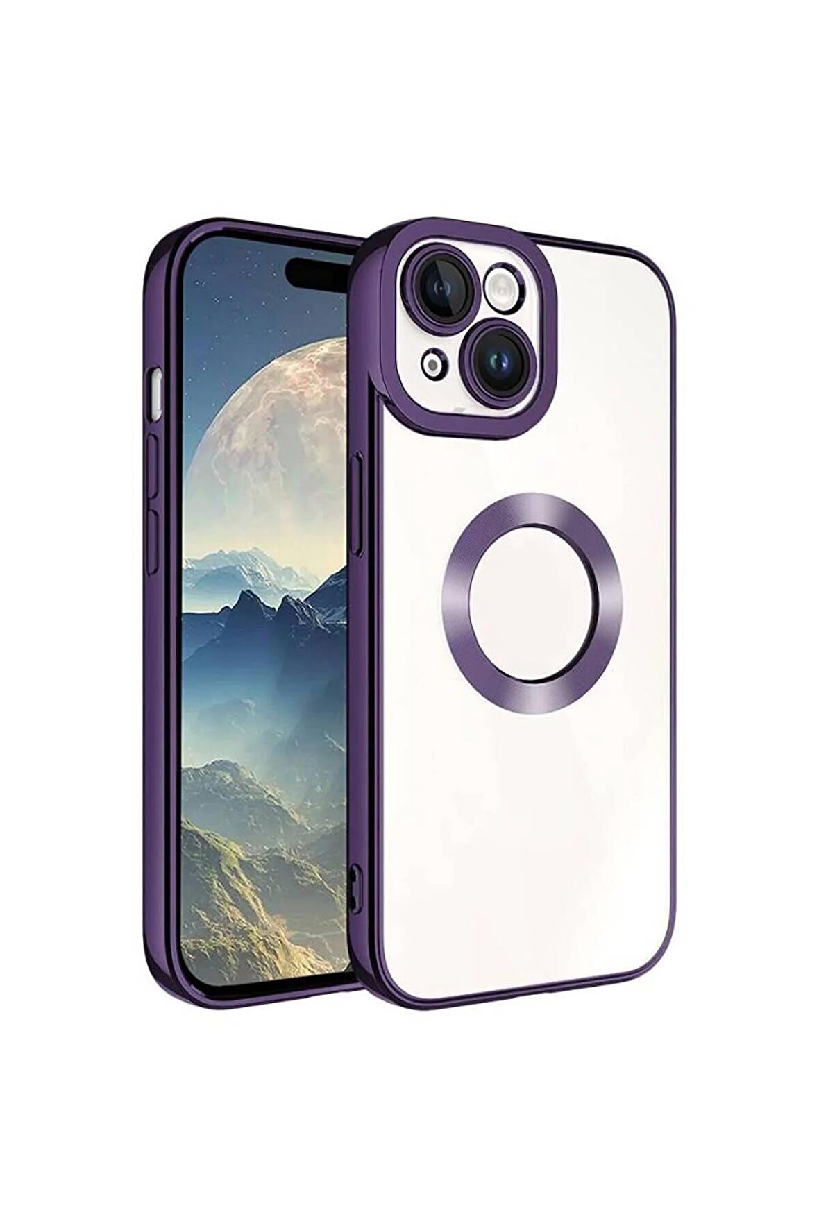 Apple iPhone 15 Plus ile Uyumlu Kılıf Şeffaf Logo Gösteren Parlak Renkli Kenar Telefon Kılıfı Kapak