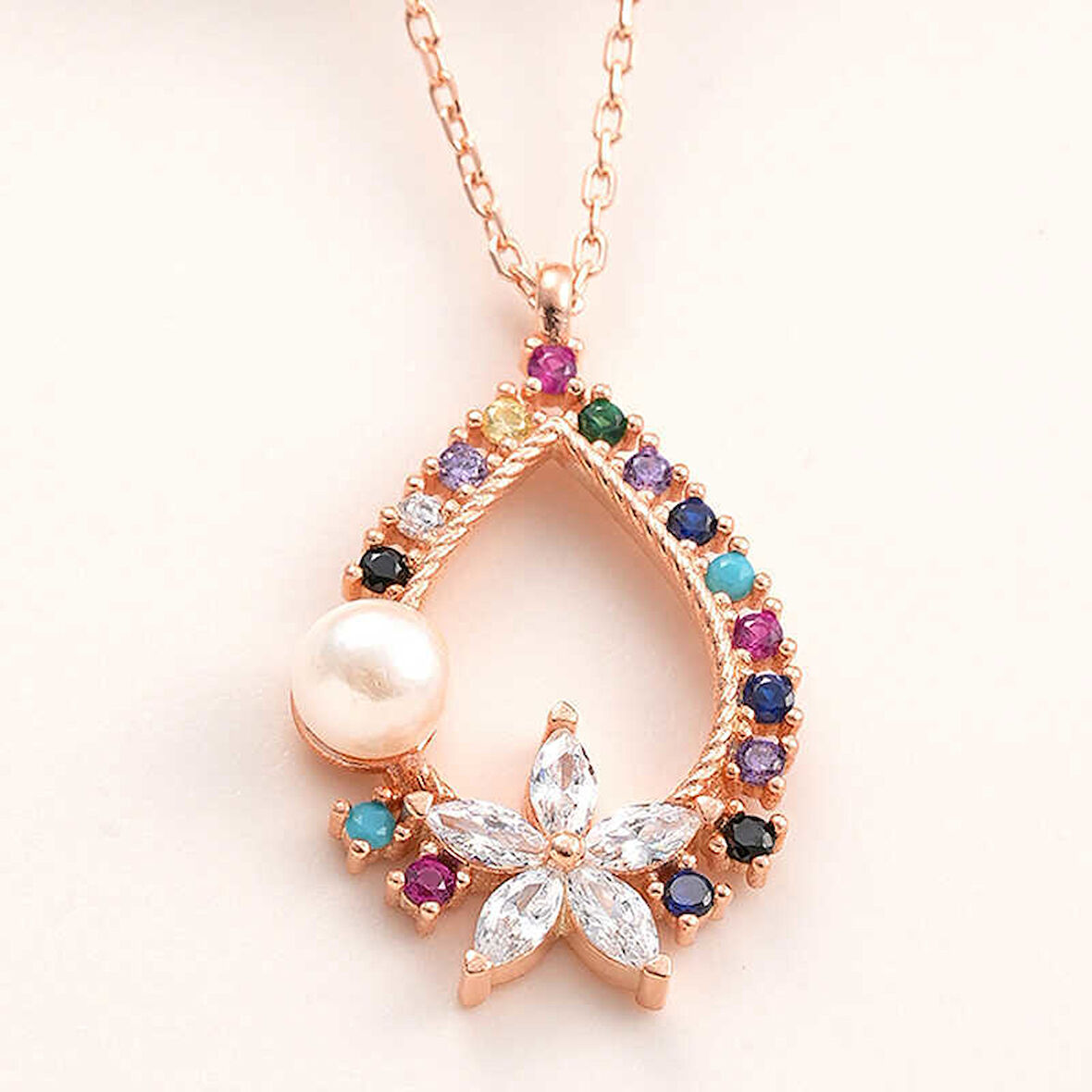 Gümüş Rose Renkli Taşlı Çiçekli Kadın Kolye