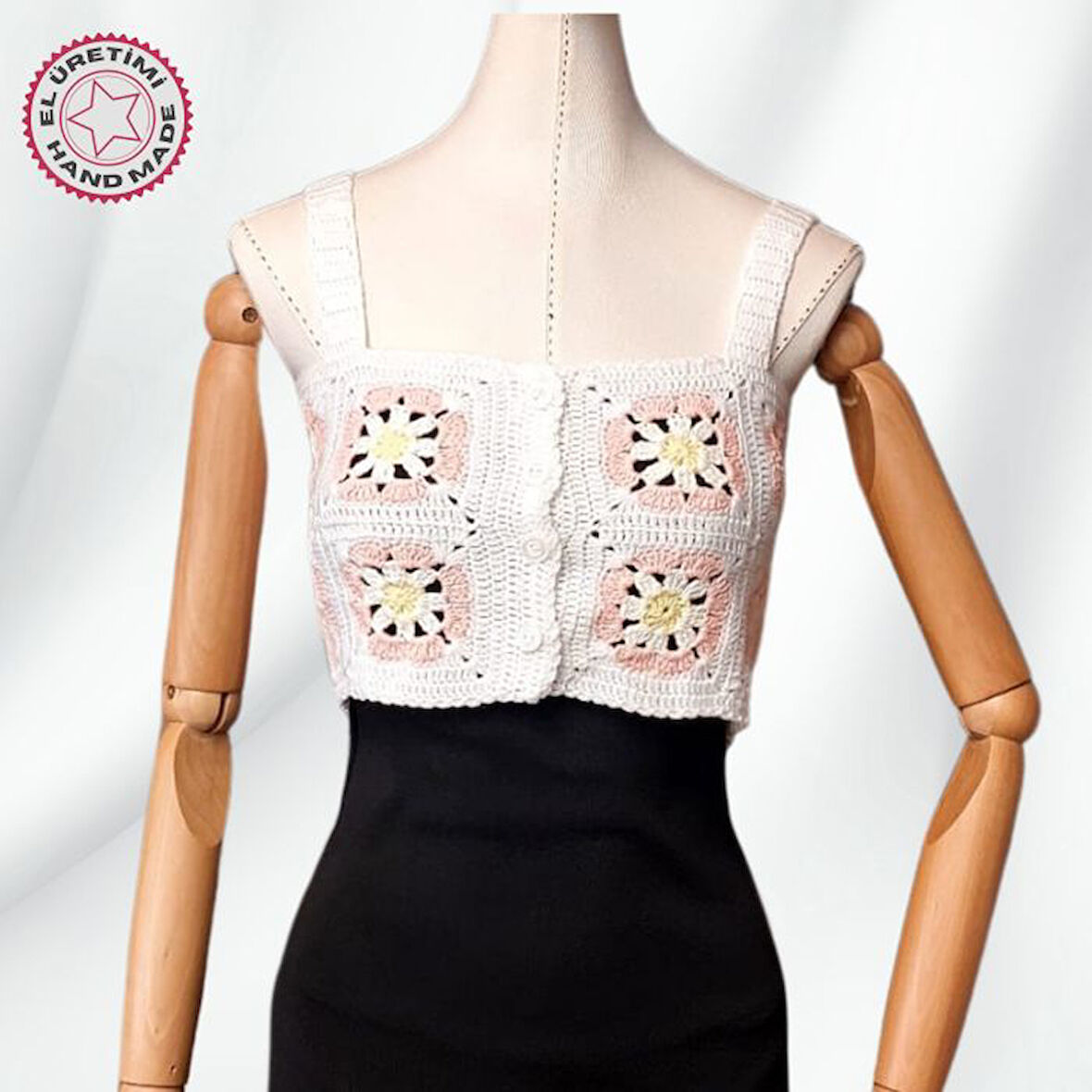 Uretti - Yıldız 7202 7367 El Örgüsü Yazlık Beyaz Kadın Büstiyer / Crop Bluz - 36/38/40 - Yavruağzı