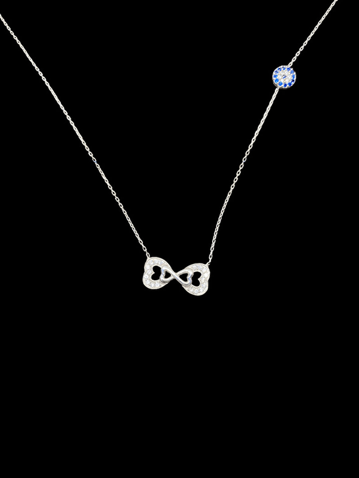 💙👁️ 925 Ayar İthal Gümüş Sonsuzluk & Mavi Göz Kolye | Zirkon Taşlı Aşk ve Koruma Sembolü