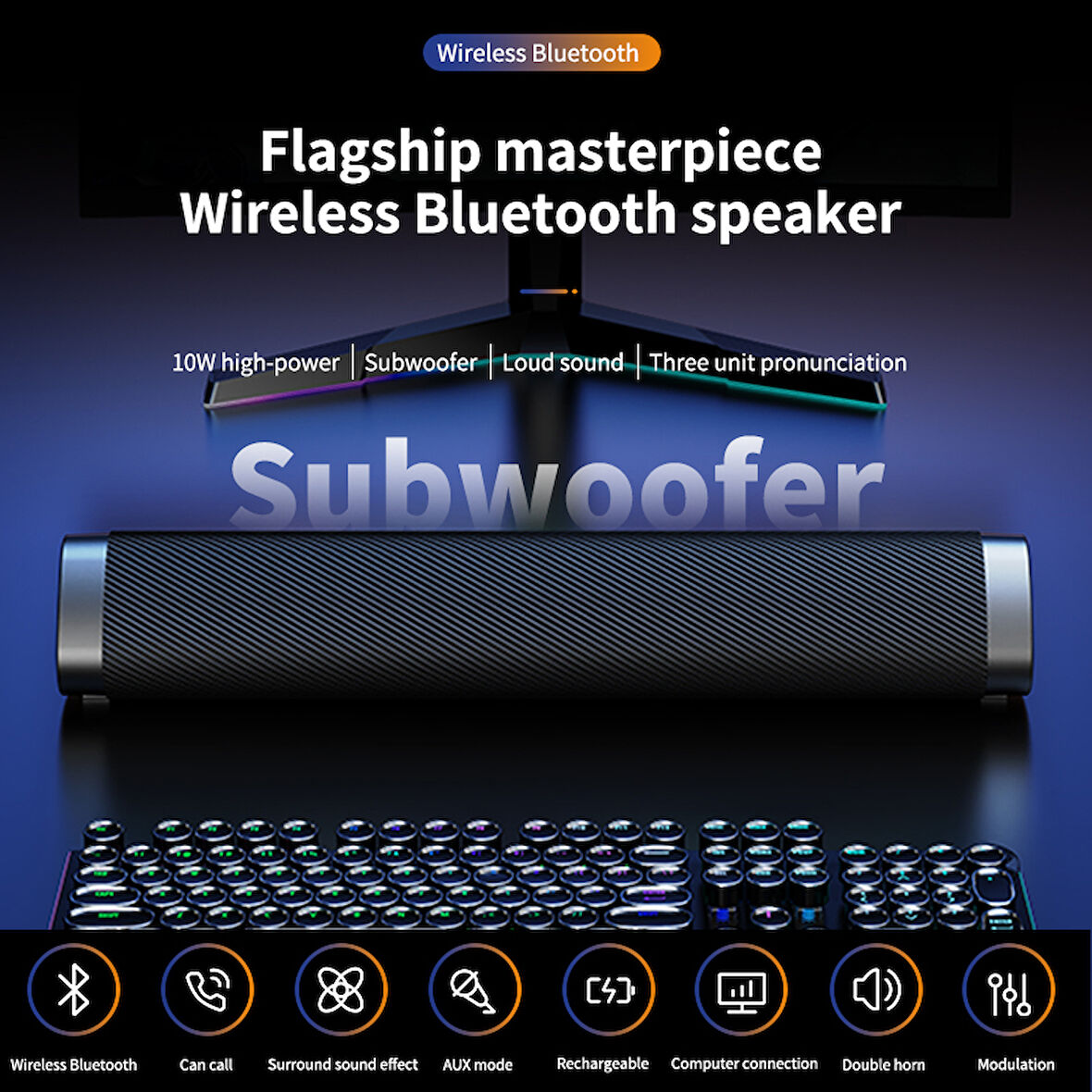 Kablosuz bluetooth soundbar hoparlör ses sistemi güçlü bas özellikli surround uzun şarj süresi