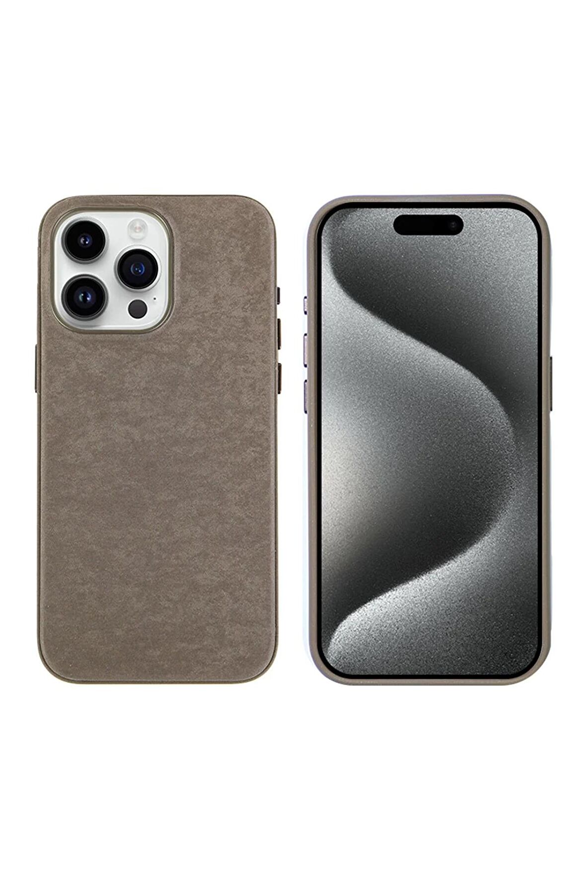 Apple iPhone 15 Pro Max Uyumlu Mikro Fiber Yüzey İçi Kadife Süet Telefon Kılıfı Kapak Kahverengi