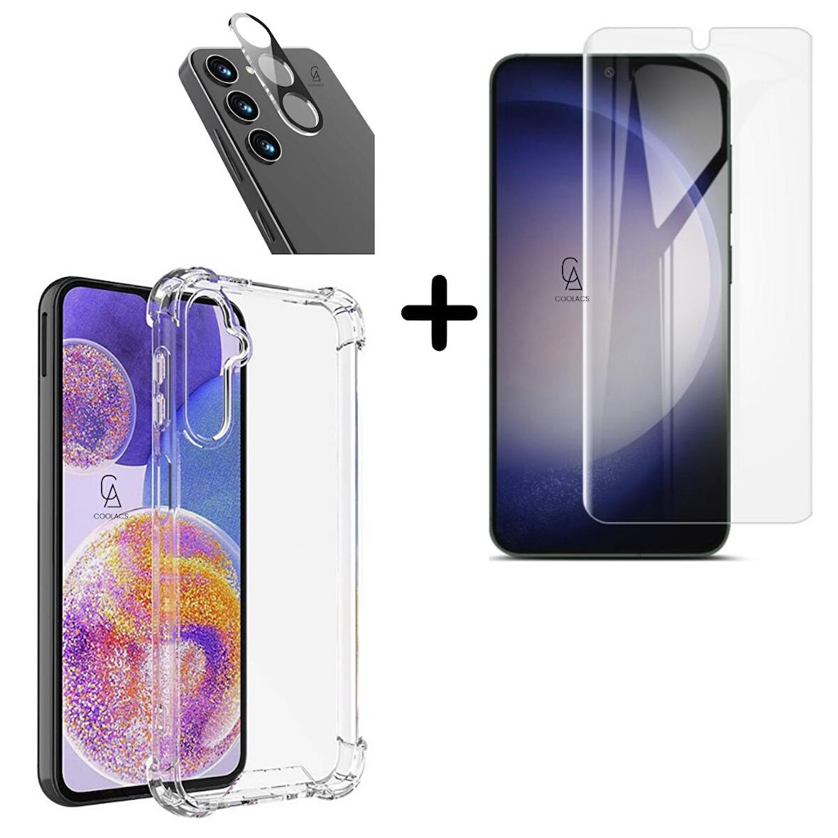 Samsung Galaxy S24 Uyumlu Kılıf Şeffaf Temperli Kırılmaz Cam Ekran ve Kamera Lens Koruyucu Seti