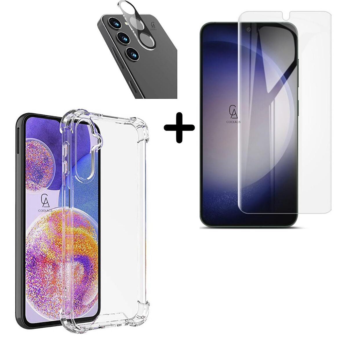 Samsung Galaxy S24 Plus Uyumlu Kılıf Şeffaf Temperli Kırılmaz Cam Ekran ve Kamera Lens Koruyucu Seti