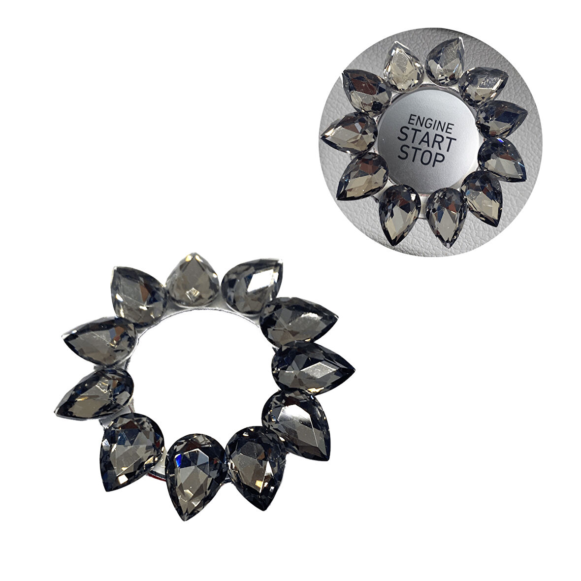 Kristal Damla Taşlı Start Stop Düğme Halkası Füme