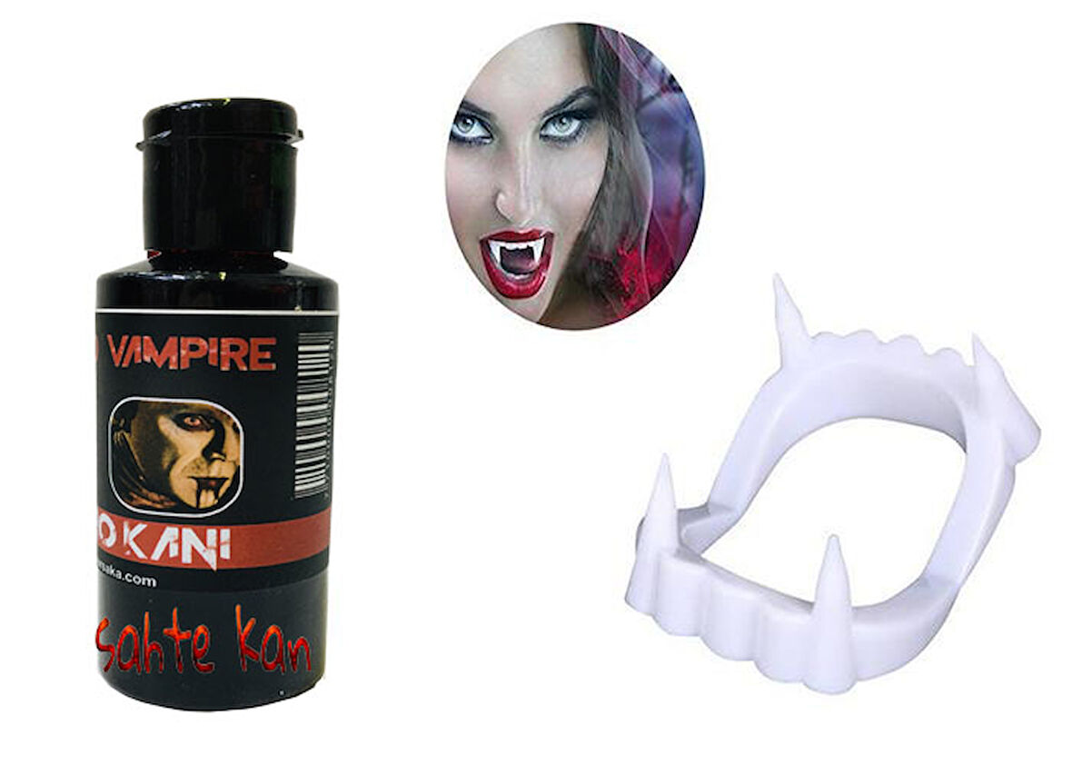 Beyaz Renk Çift Damak Takma Vampir Dişi ve 50 gr Tiyatro Kanı Set