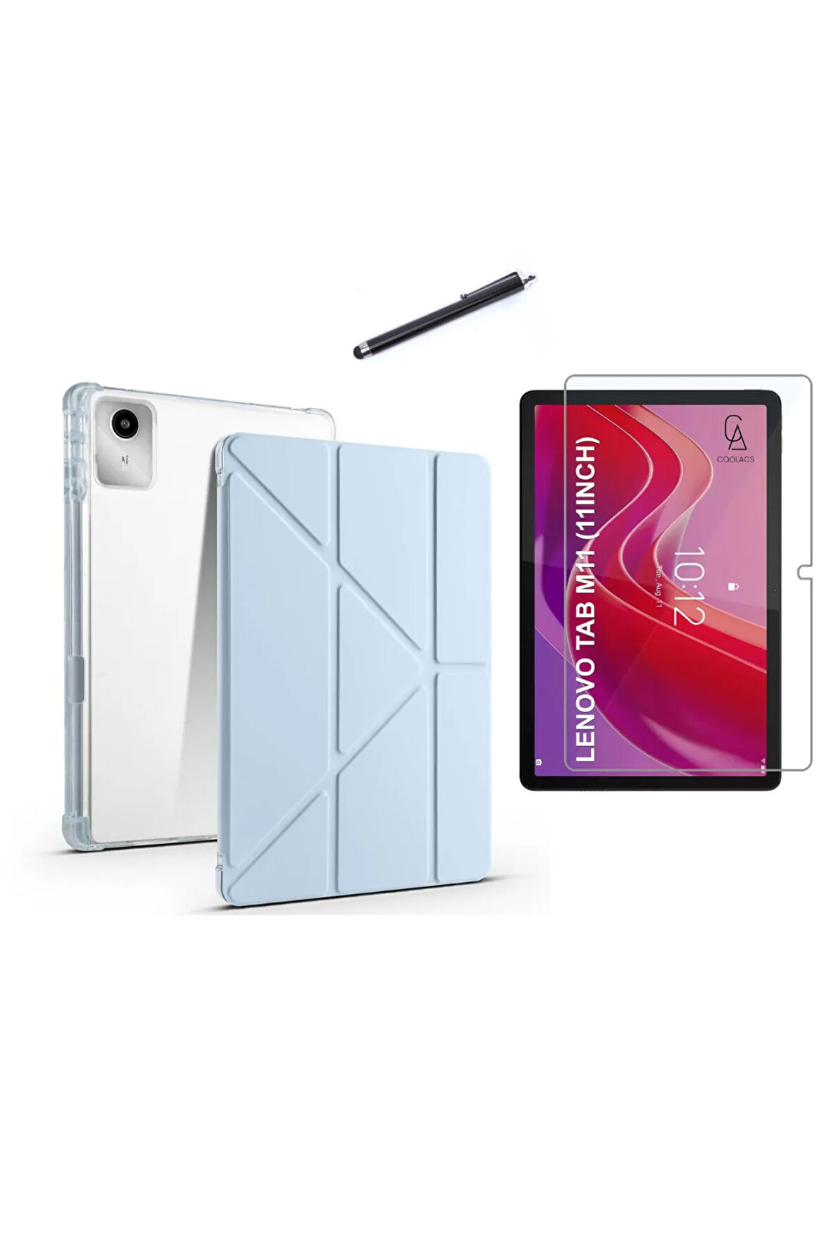 Lenovo Tab M11 TB-330FU 11 İnç Uyumlu Tri Fold Kalemlikli Tablet Kılıfı Ekran Koruyucu Kalem Seti