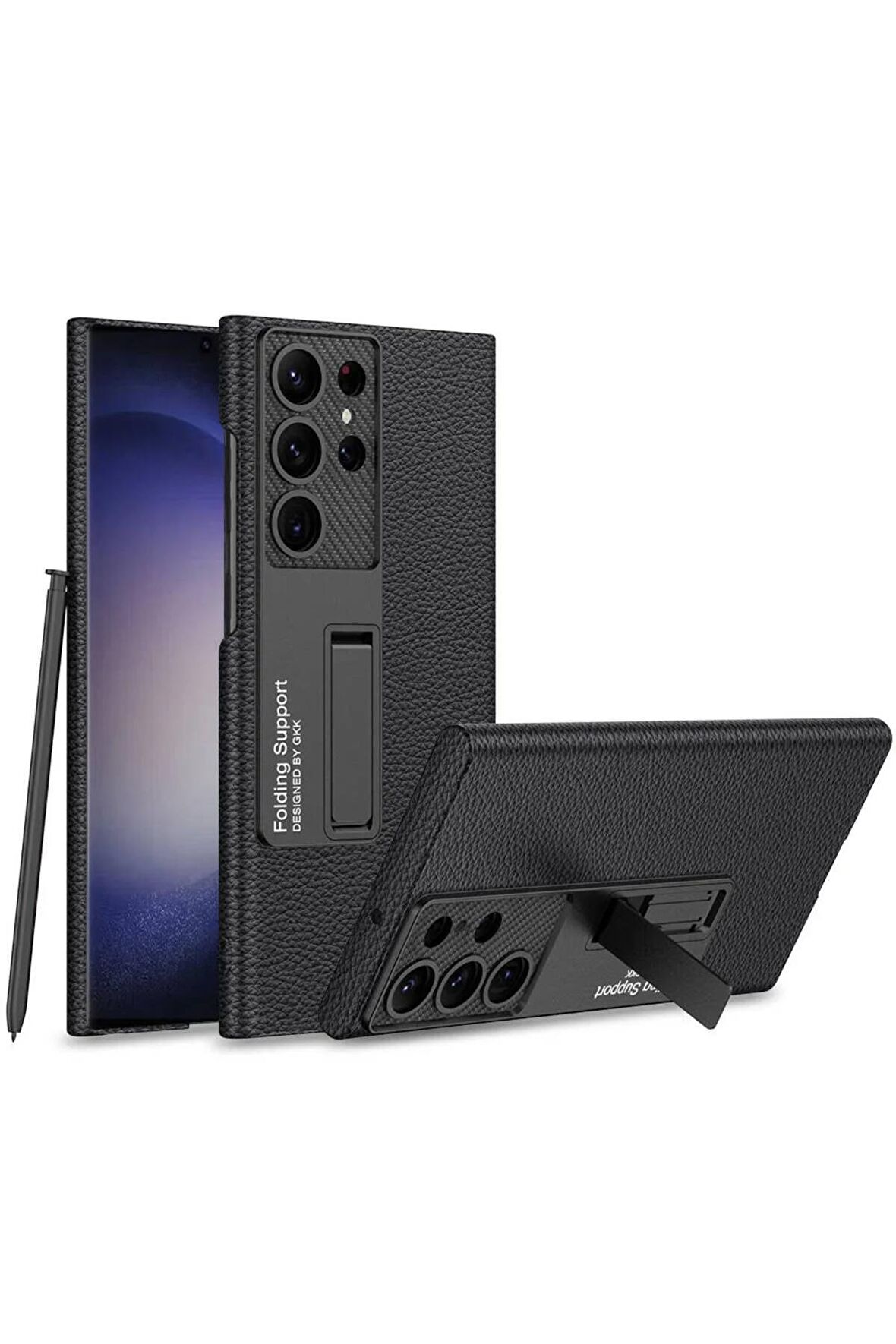 Samsung Galaxy S24 Ultra Uyumlu Karbon Fiber Suni Deri Görünümlü Standlı Lüks Telefon Kılıfı Kapak