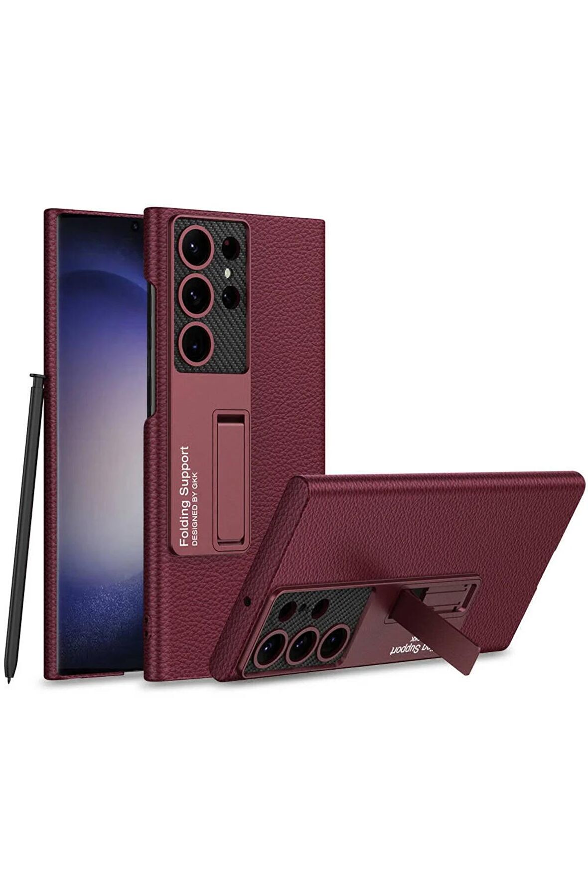 Galaxy S24 Ultra Uyumlu Karbon Fiber Suni Deri Görünümlü Standlı Lüks Telefon Kılıfı Kapak