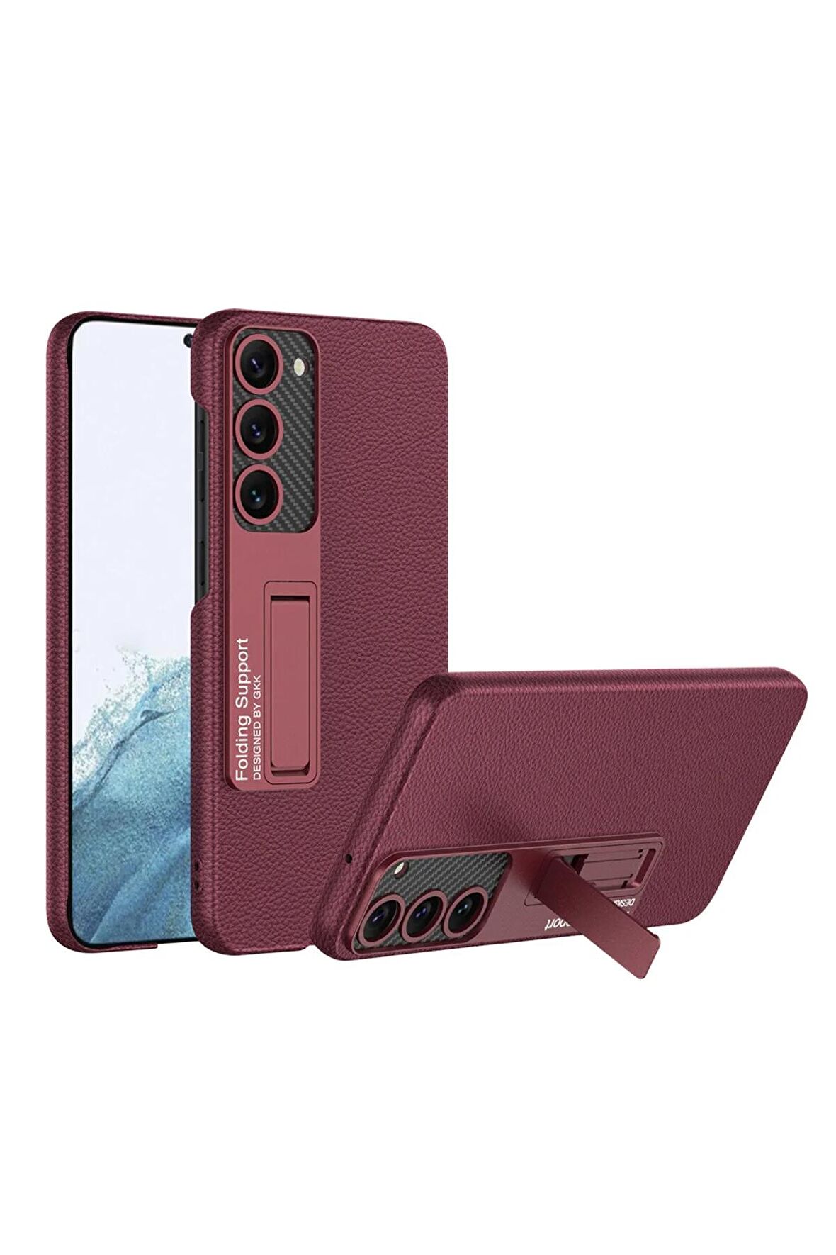 Samsung Galaxy S23 Uyumlu Karbon Fiber Suni Deri Görünümlü Standlı Lüks Telefon Kılıfı Kapak