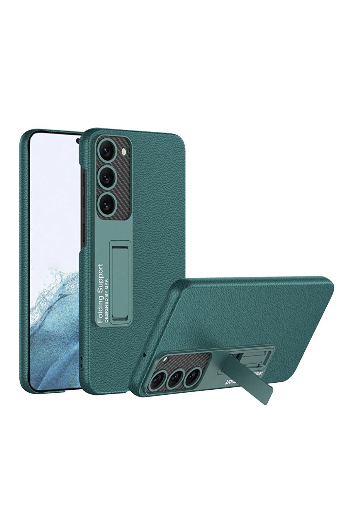 Samsung Galaxy S23 Uyumlu Karbon Fiber Suni Deri Görünümlü Standlı Lüks Telefon Kılıfı Kapak