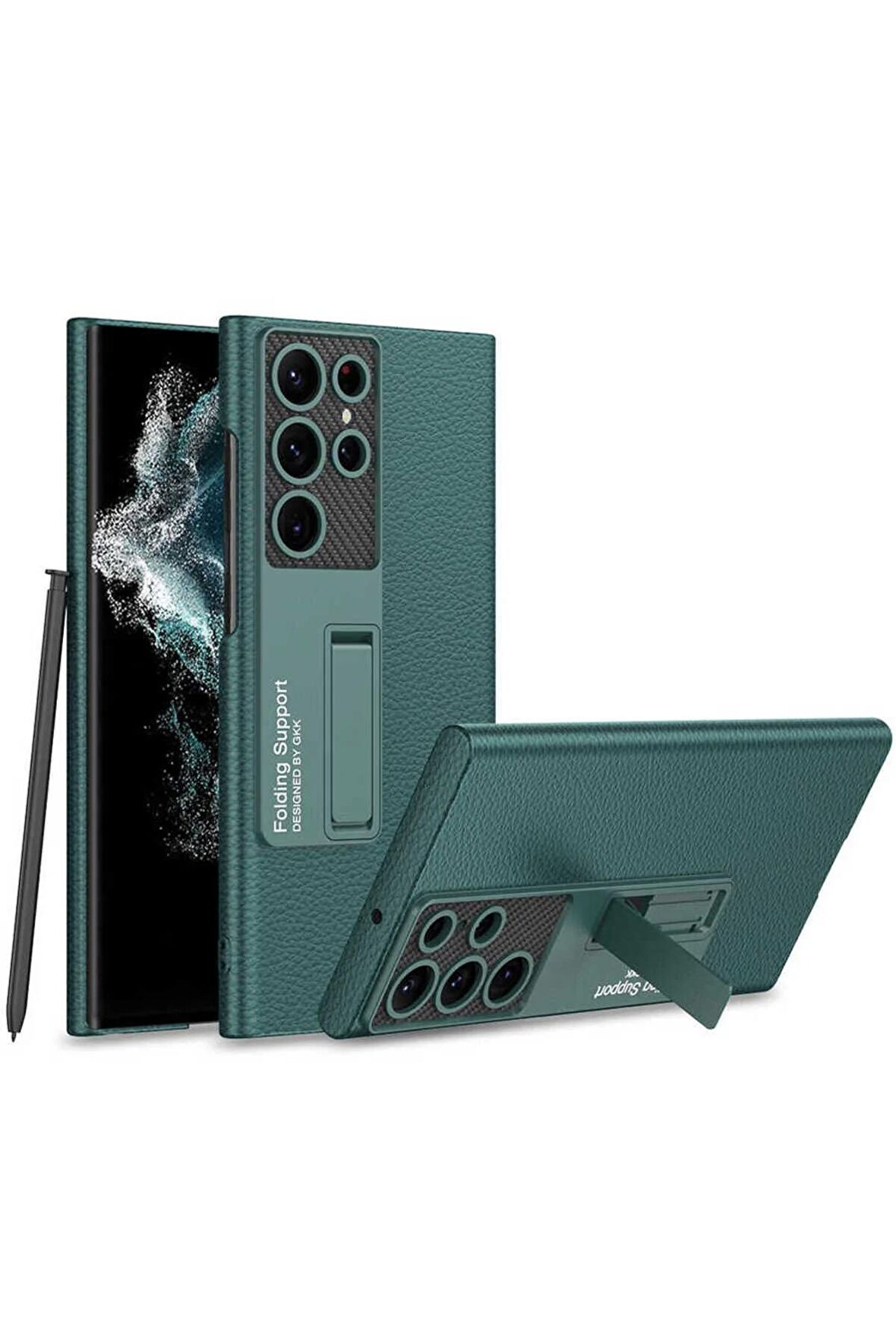 Samsung Galaxy S23 Ultra Uyumlu Karbon Fiber Suni Deri Görünümlü Standlı Lüks Telefon Kılıfı Kapak