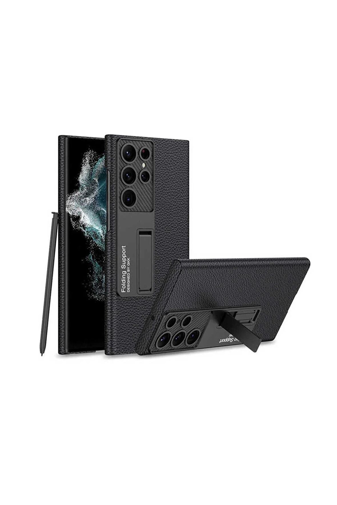 Samsung Galaxy S22 Ultra Uyumlu Karbon Fiber Suni Deri Görünümlü Standlı Lüks Telefon Kılıfı Kapak