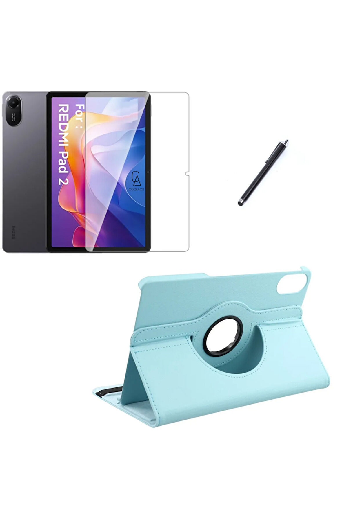 Xiaomi Redmi Pad 2 11 Inç Uyumlu 360° Dönebilen Standlı Tablet Kılıfı Ekran Koruyucu ve Kalem Seti