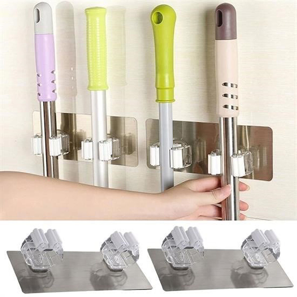 Pratik Organizer 4lü Yapışkanlı Fırça Paspas Mop Fırça Sabitleyici Ergonomik Alet Aparatı