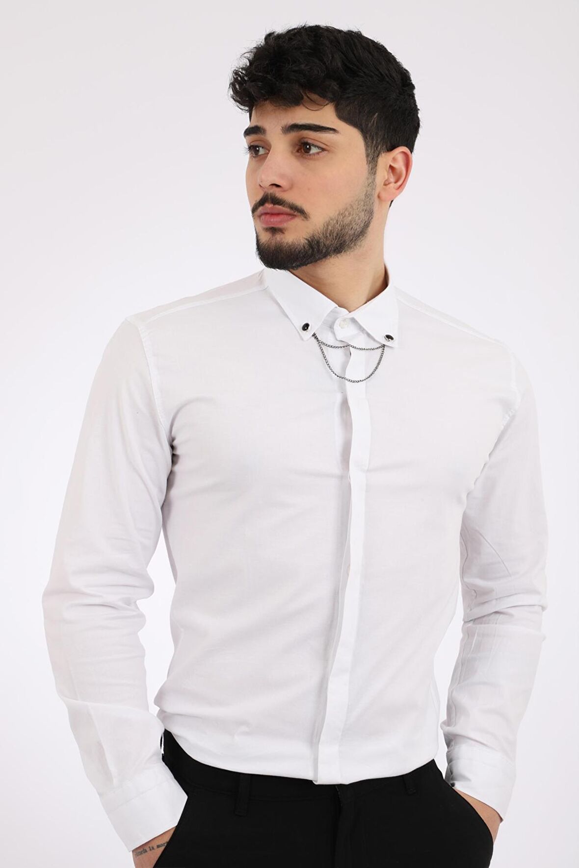 Stil Kombin Slim Fit Likralı Zincirli Gömlek