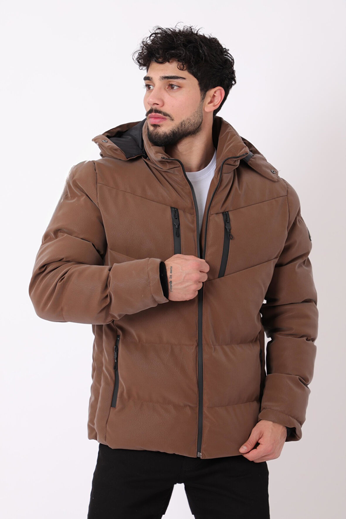 Çift Göğüs Fermuarlı Karbon Deri Şişme Mont PLDP 2986_50406