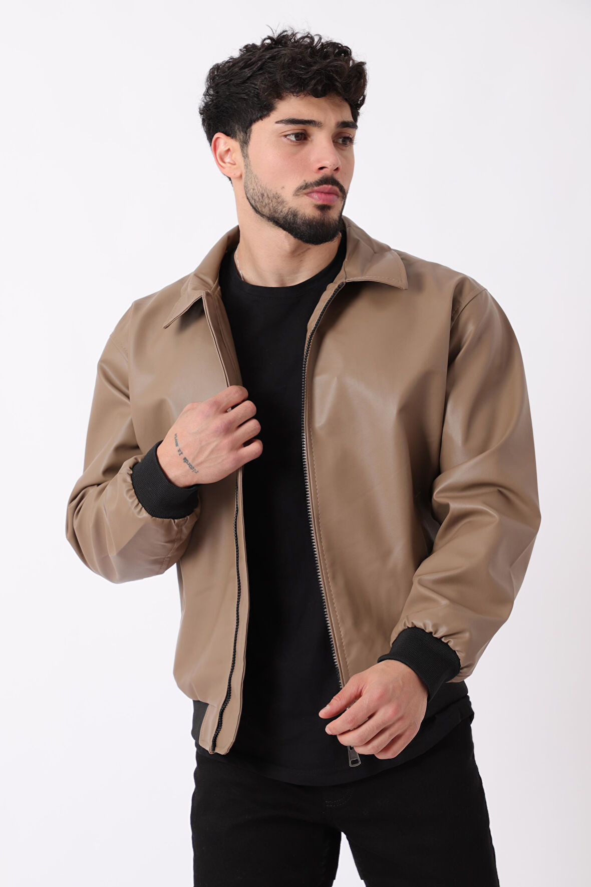 Yakalı Bel Lastikli Suni Deri Mont Arw_50376