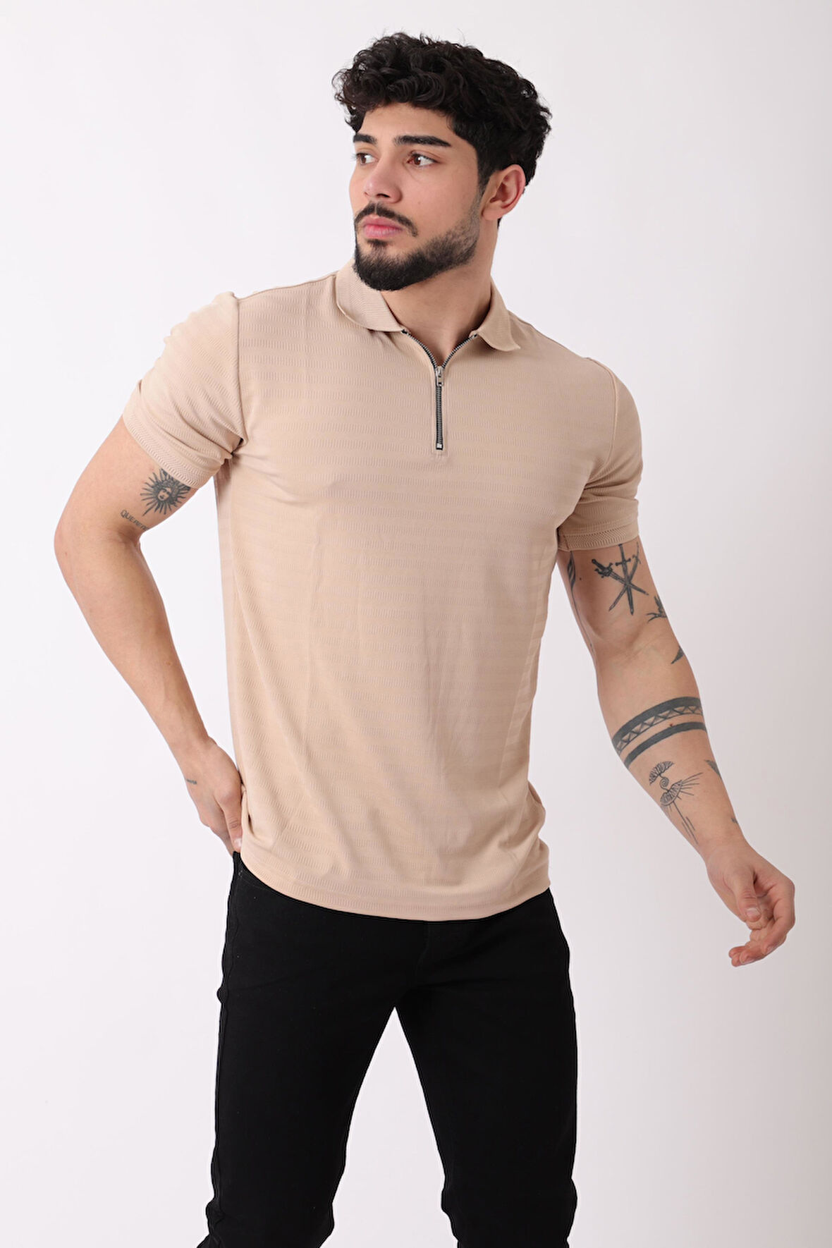 Desenli Yakalı Yarım Fermuar Tişört JS C-1032_30421