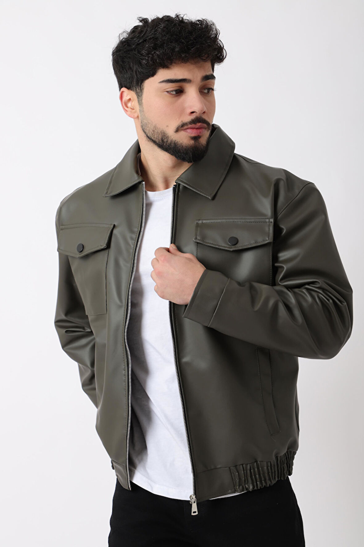 Bel Lastikli Kapaklı Oversize Suni Deri Mont PLDP 2998_50447