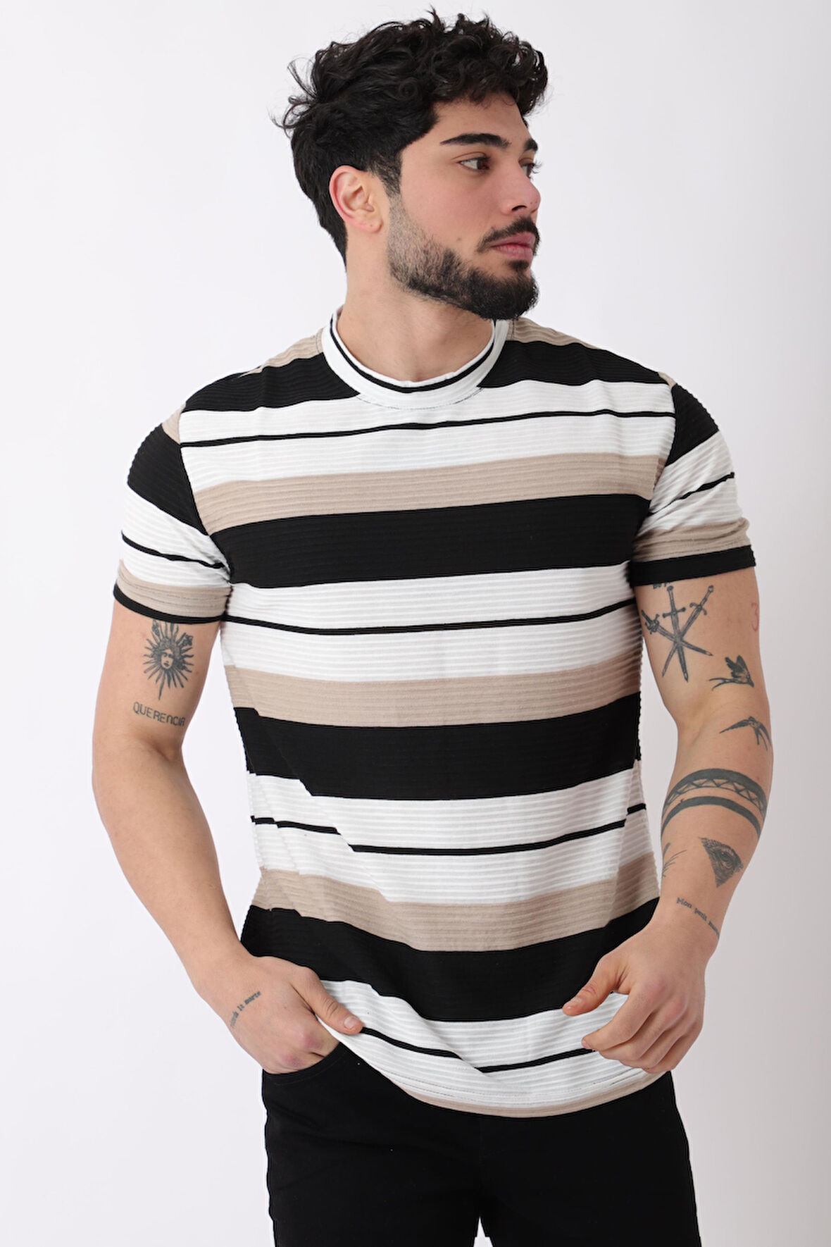 Çizgili Bisiklet Yaka Tişört JS-1_30461