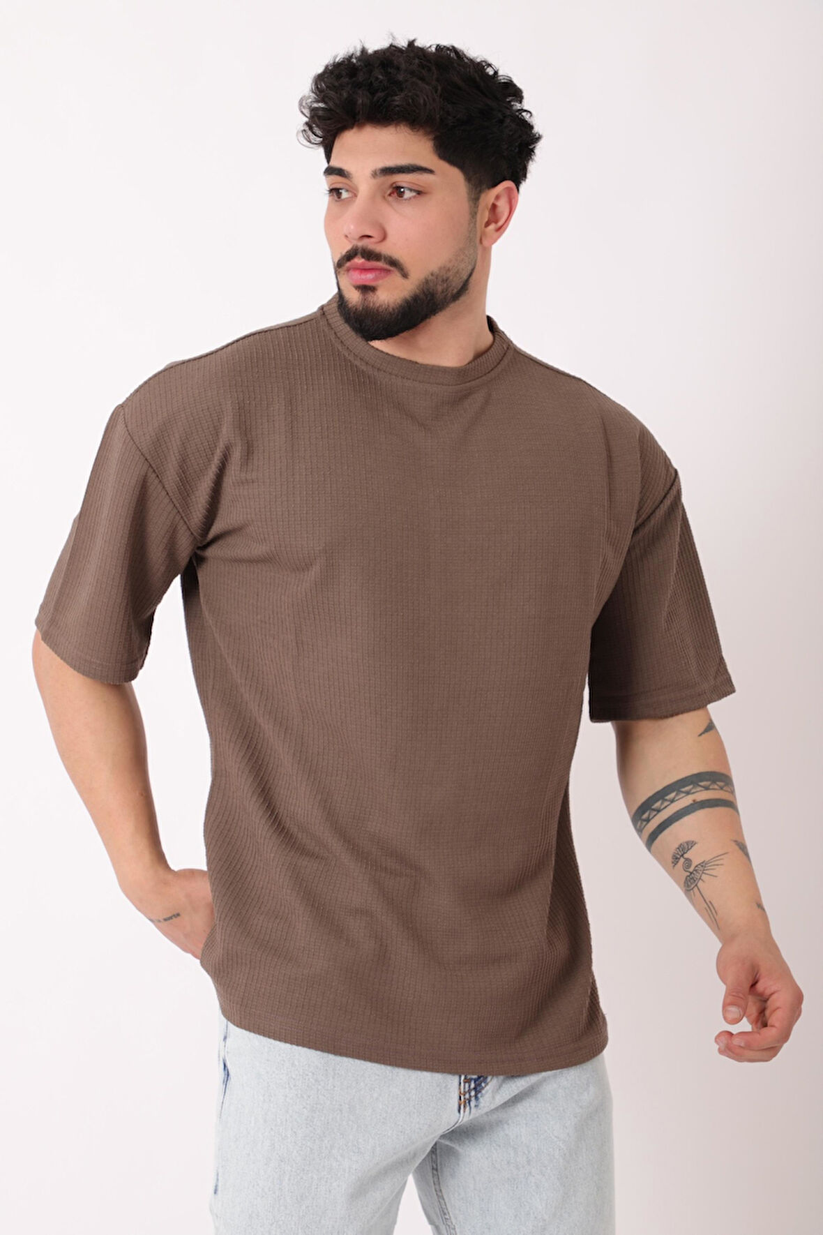 Petekli Model Bisiklet Yaka Oversize Tişört STU-2468_30462