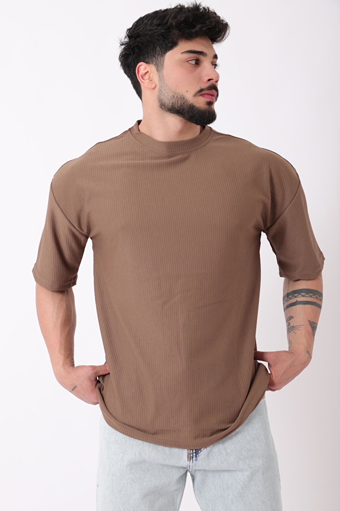 Çizgili Oversize Bisiklet Yaka Tişört STU-2452_30463