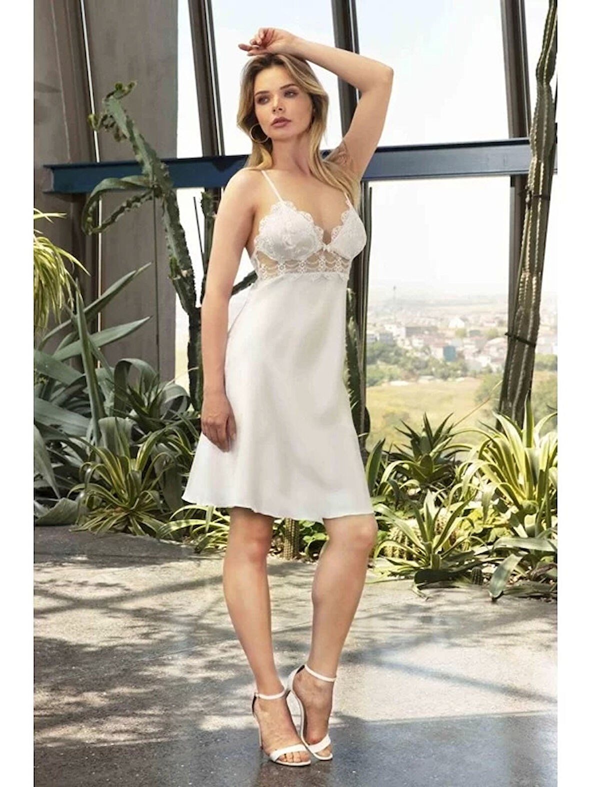 Nurteks 5491 Bayan Saten Gecelik - EKRU - 2XL