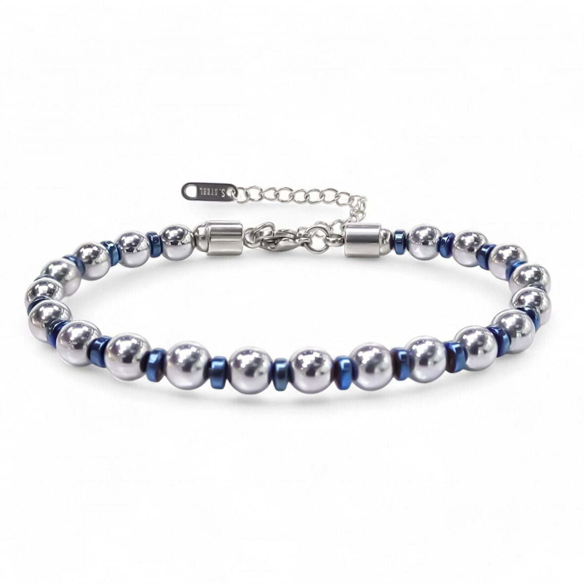  FM Gümüş Ve Mavi Renkli Hematit Ayaranabilir Çelik Zincir Bileklik 31832B10D8 