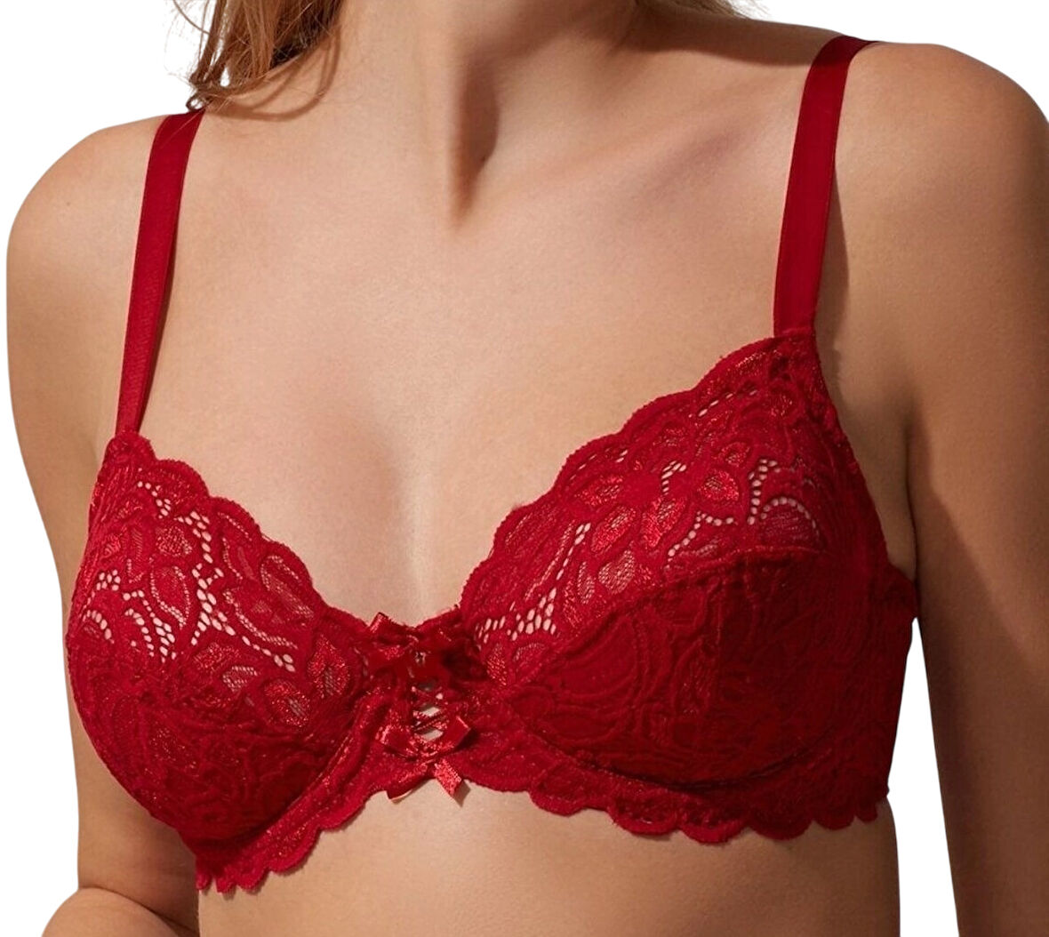 1050 Kadın Balenli Dantelli Toparlayıcı Sütyen - Bordo - 95C