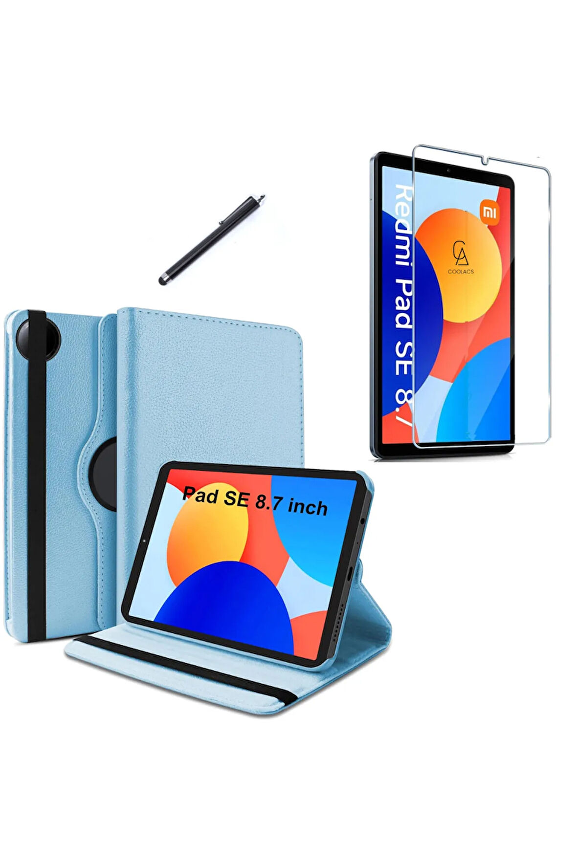 Xiaomi Redmi Pad SE 8.7 Inç Uyumlu 360° Dönebilen Standlı Tablet Kılıfı Ekran Koruyucu ve Kalem Seti