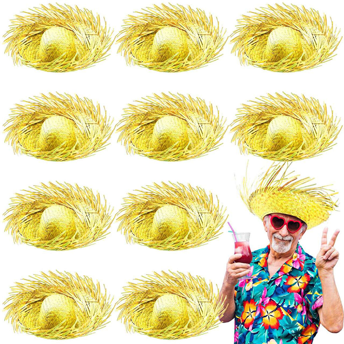 Tropikal Parti Sarı Hasır Hawaii Şapkası 